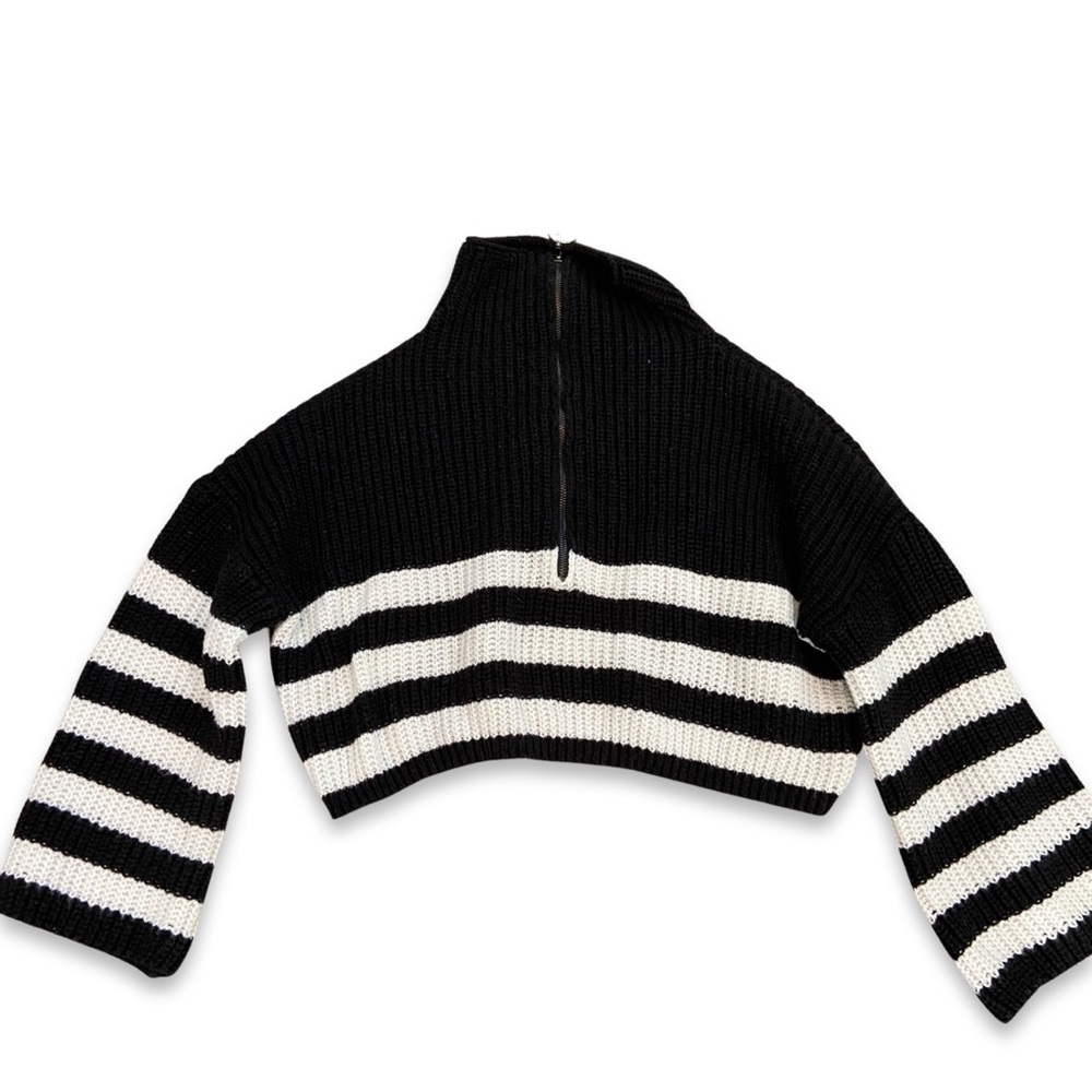 EZwear Striped Pattern Half Zip Drop Shoulder Sweater